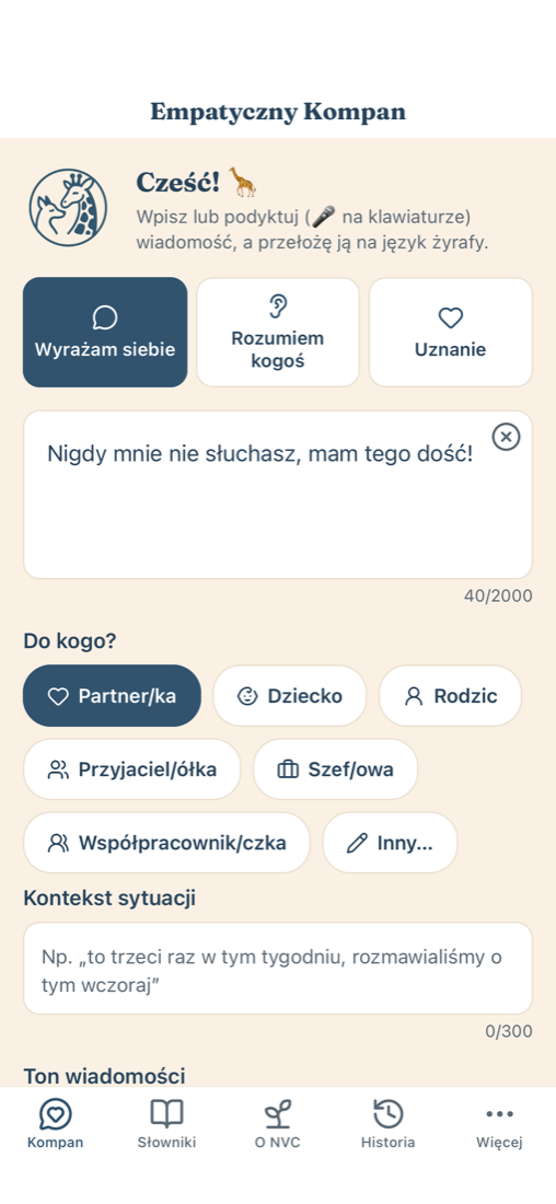 Empatyczny Kompan — ekran aplikacji